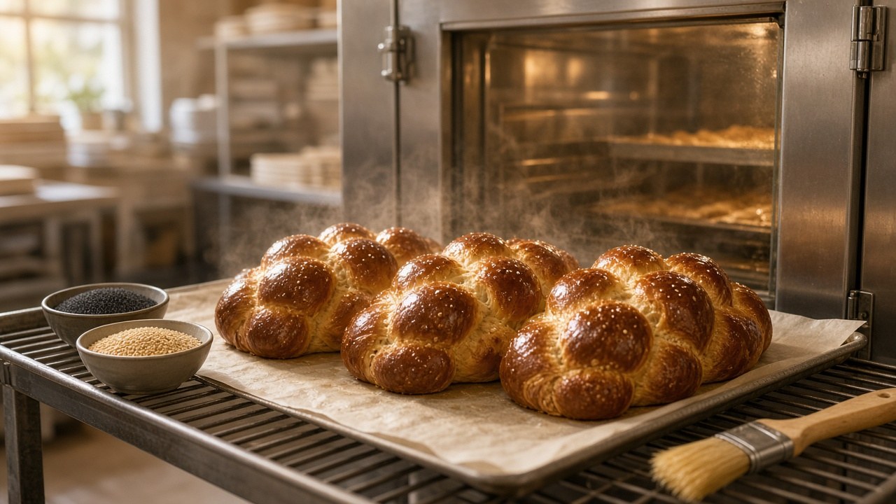 Three challah braids proofing
