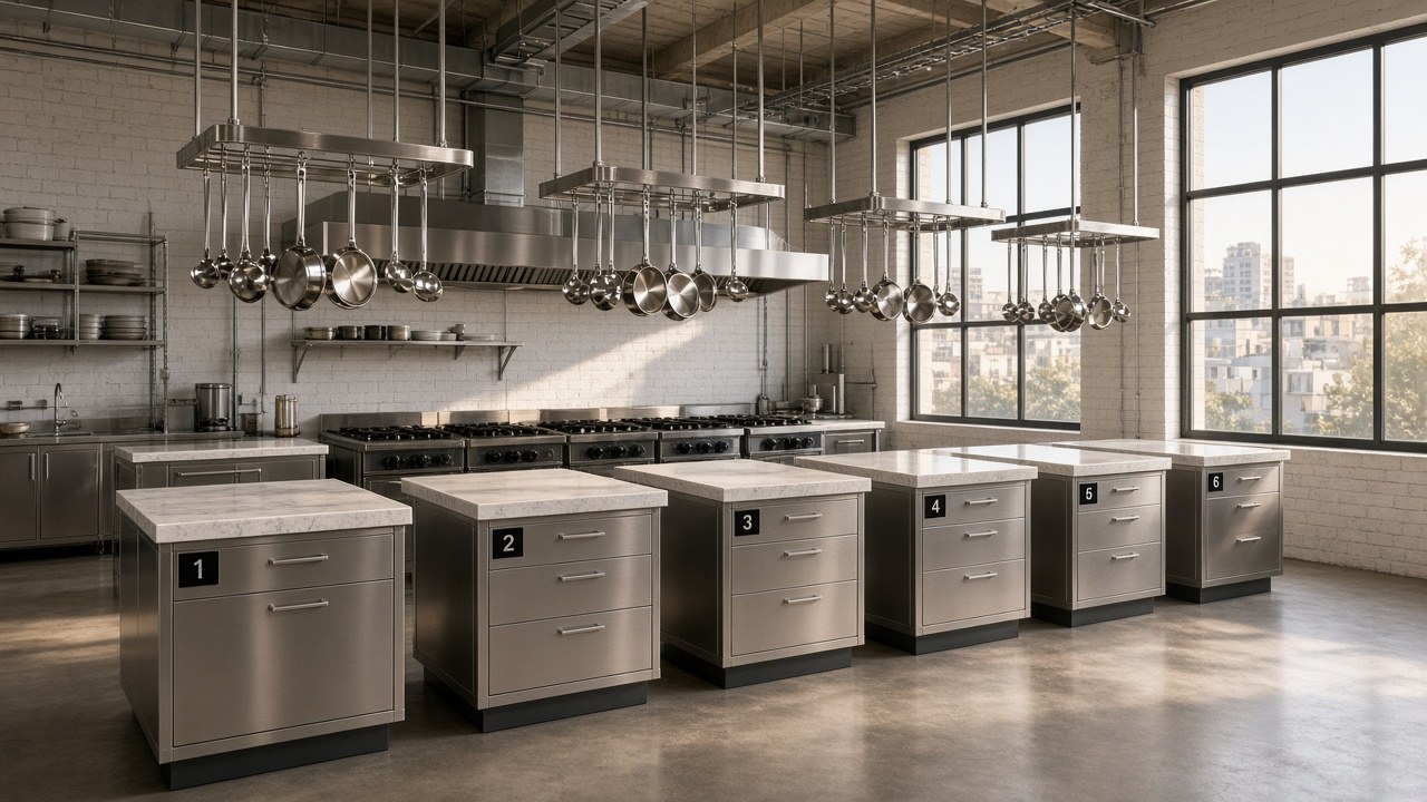 Empty teaching line of six stoves in the morning