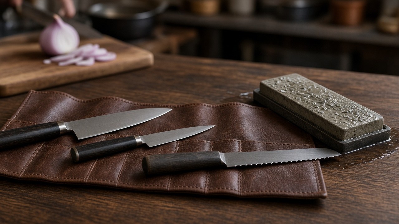 An open knife roll and a sharpening stone