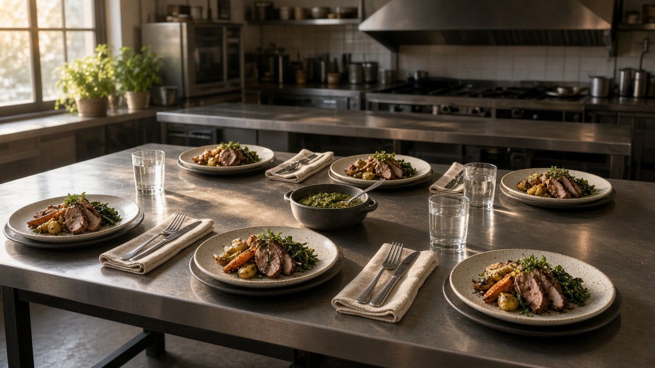 A teaching table set with six evening-dinner plates