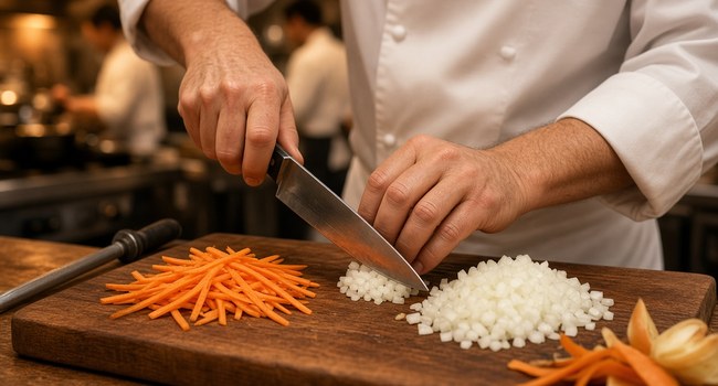 Carrot and onion cut on a teaching board
