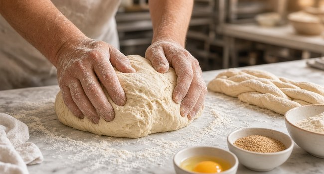 Kneading yeast dough for challah